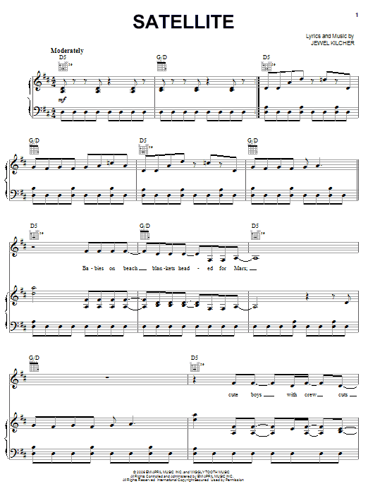 Download Jewel Satellite Sheet Music and learn how to play Piano, Vocal & Guitar (Right-Hand Melody) PDF digital score in minutes