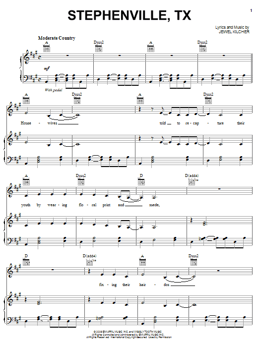 Download Jewel Stephenville, TX Sheet Music and learn how to play Piano, Vocal & Guitar (Right-Hand Melody) PDF digital score in minutes