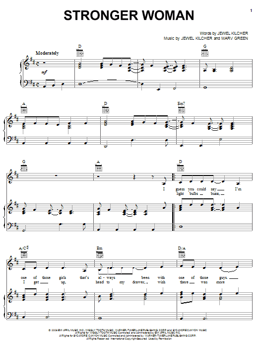 Download Jewel Stronger Woman Sheet Music and learn how to play Piano, Vocal & Guitar (Right-Hand Melody) PDF digital score in minutes