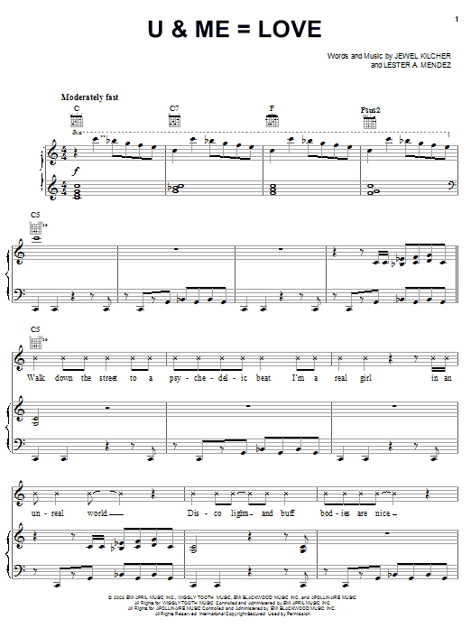 Download Jewel U & Me=Love Sheet Music and learn how to play Piano, Vocal & Guitar (Right-Hand Melody) PDF digital score in minutes
