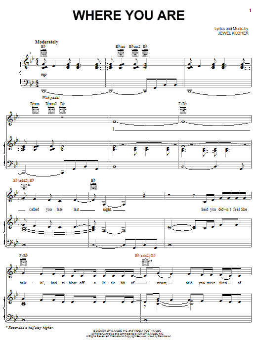 Download Jewel Where You Are Sheet Music and learn how to play Piano, Vocal & Guitar (Right-Hand Melody) PDF digital score in minutes