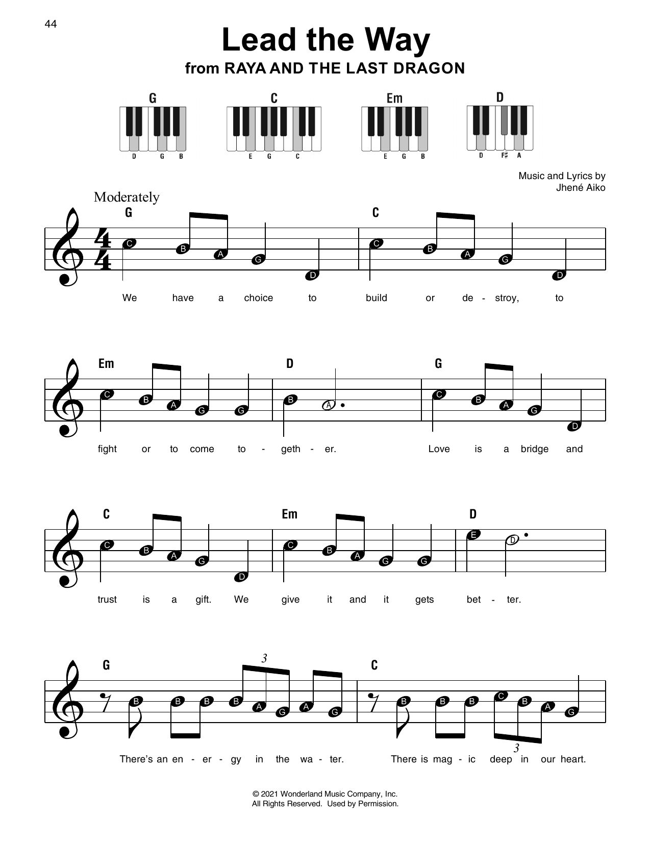 Download Jhene Aiko Lead The Way (from Raya And The Last Dragon) Sheet Music and learn how to play Super Easy Piano PDF digital score in minutes