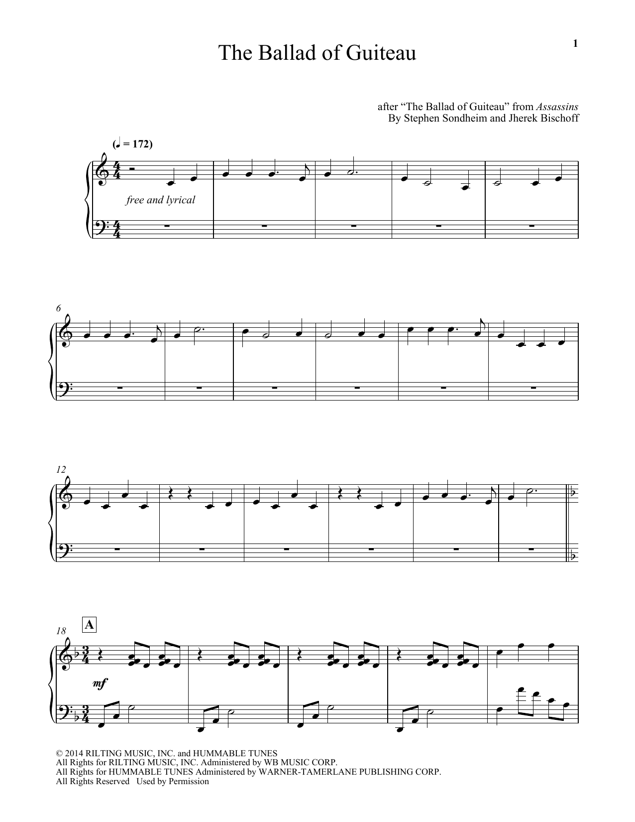 Download Stephen Sondheim The Ballad Of Guiteau (arr. Jherek Bischoff) Sheet Music and learn how to play Piano PDF digital score in minutes