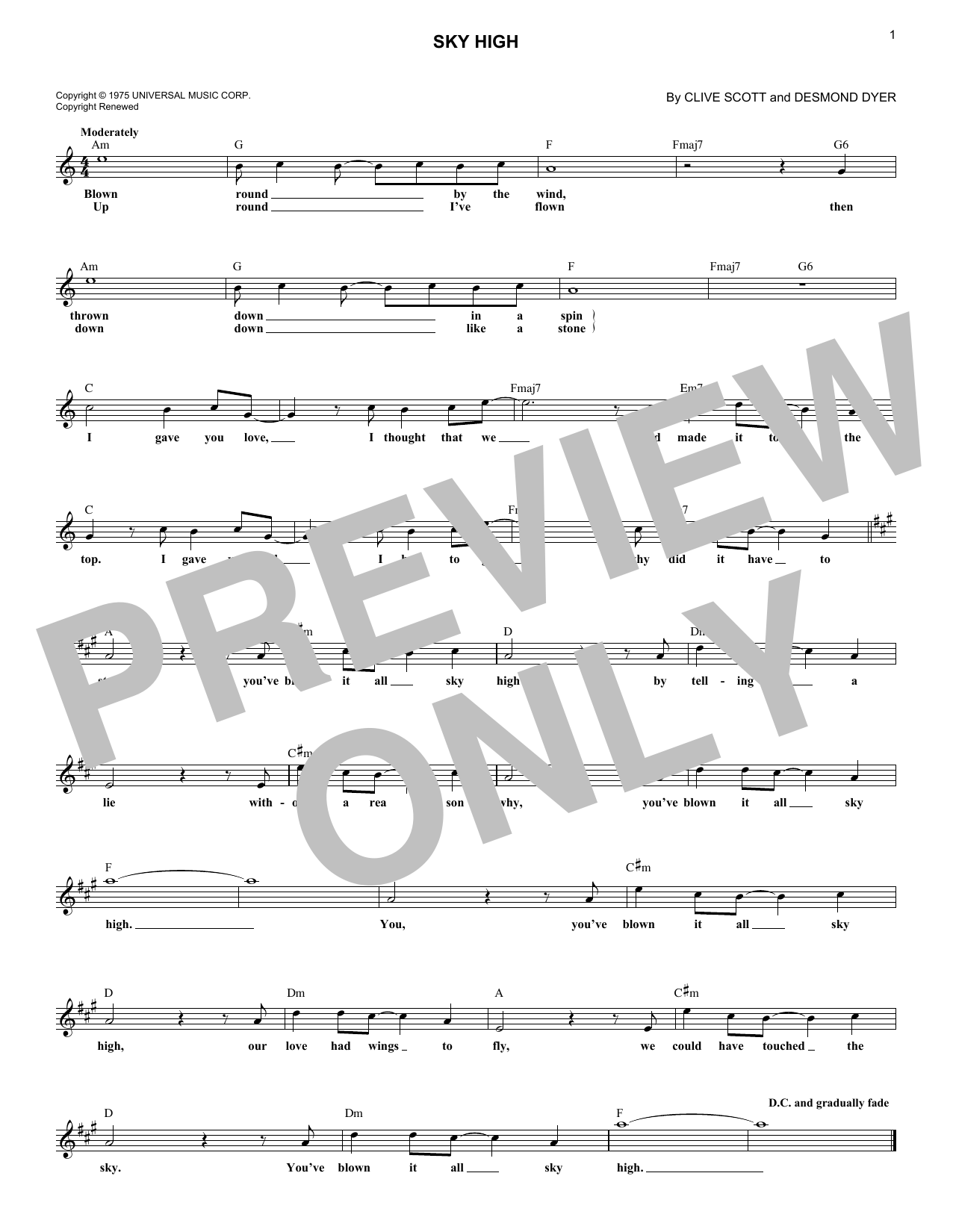 Download Jigsaw Sky High Sheet Music and learn how to play Melody Line, Lyrics & Chords PDF digital score in minutes