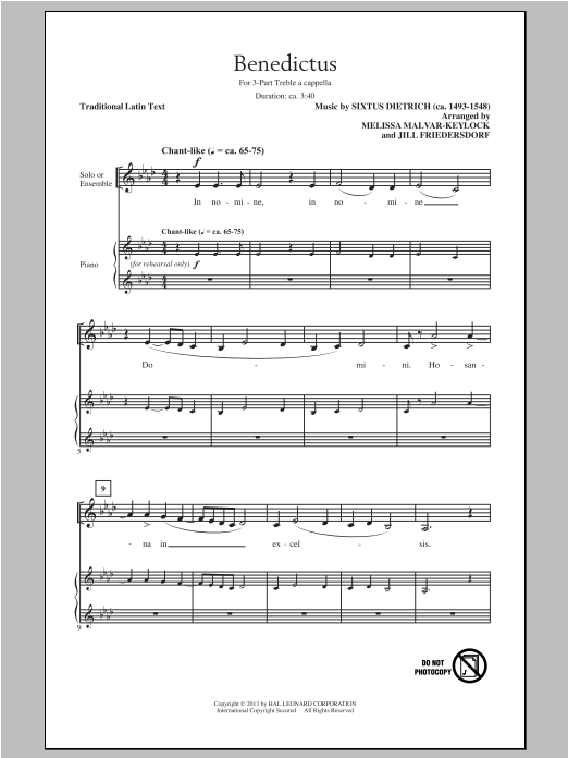 Download Sixtus Dietrich Benedictus (arr. Jill Friedersdorf and Melissa Malvar-Keylock) Sheet Music and learn how to play 3-Part Treble PDF digital score in minutes