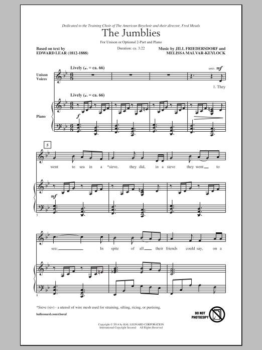 Download Jill Friedersdorf and Melissa Malvar-Keylock The Jumblies Sheet Music and learn how to play Unison Voice PDF digital score in minutes
