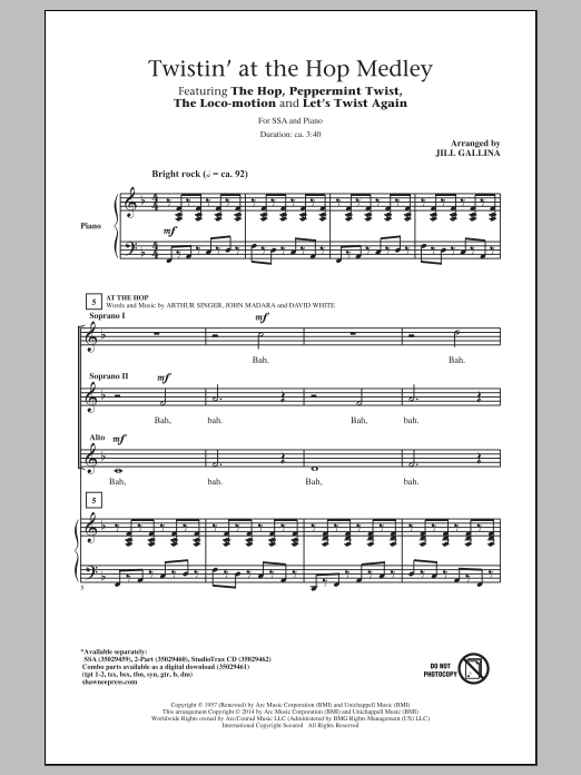 Download Jill Gallina Twistin' At The Hop (Medley) Sheet Music and learn how to play 2-Part Choir PDF digital score in minutes