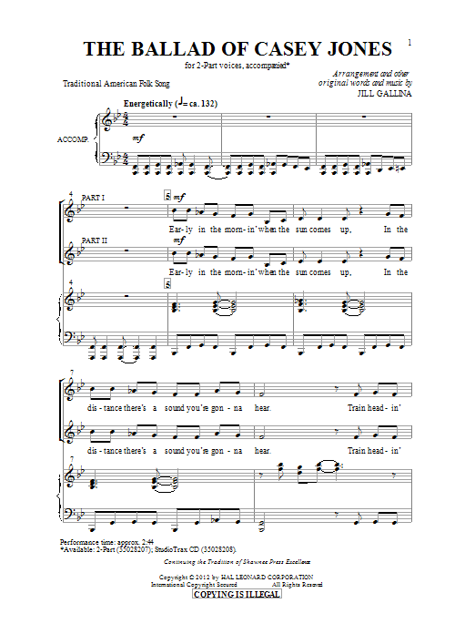 Download Jill Gallina Ballad Of Casey Jones Sheet Music and learn how to play 2-Part Choir PDF digital score in minutes