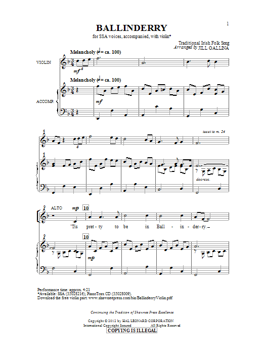 Download Traditional Folksong Ballinderry (arr. Jill Gallina) Sheet Music and learn how to play SSA PDF digital score in minutes