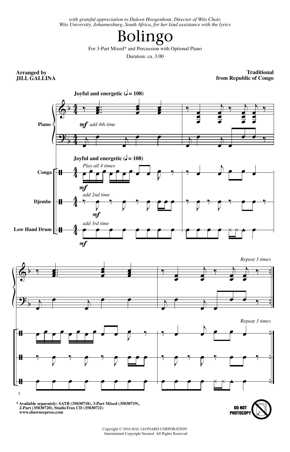 Download Traditional Bolingo (arr. Jill Gallina) Sheet Music and learn how to play 3-Part Mixed PDF digital score in minutes