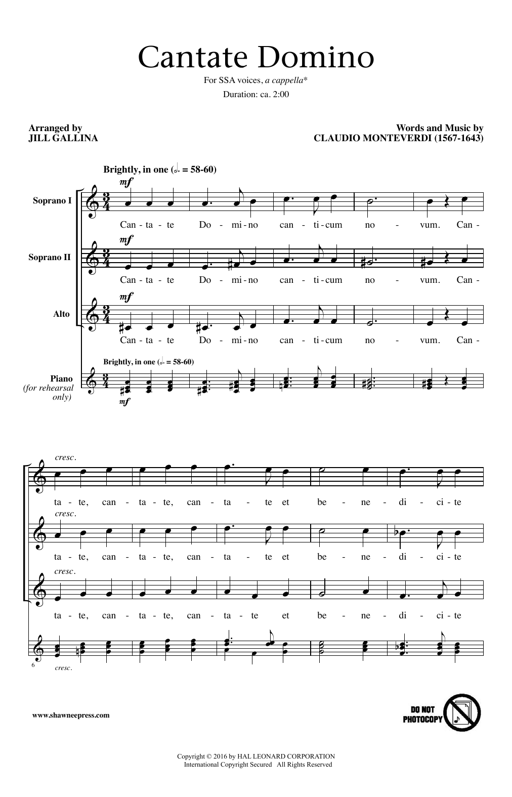 Download Jill Gallina Cantate Domino Sheet Music and learn how to play SSA PDF digital score in minutes