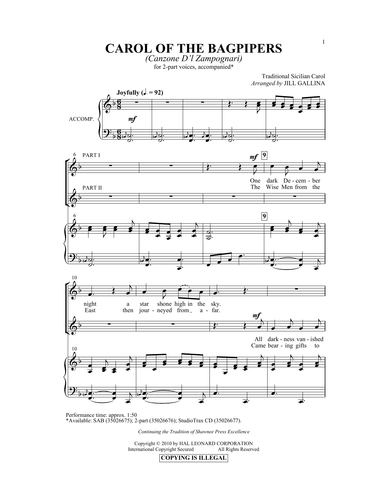 Download Jill Gallina Carol Of The Bagpipers (Canzone D'l Zampognari) Sheet Music and learn how to play SAB PDF digital score in minutes
