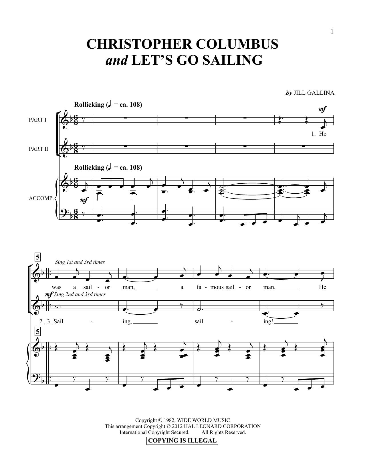 Download Jill Gallina Christopher Columbus & Let's Go Sailing Sheet Music and learn how to play Vocal Duet PDF digital score in minutes