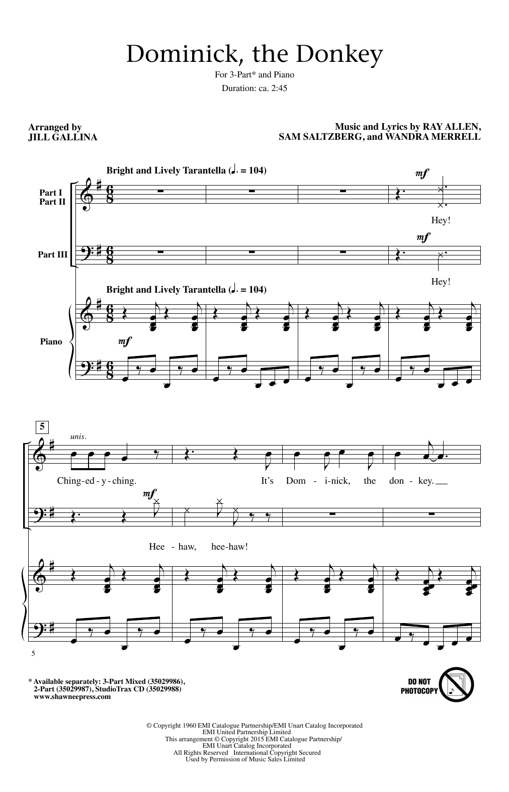 Download Jill Gallina Dominick, The Donkey Sheet Music and learn how to play 3-Part Mixed PDF digital score in minutes