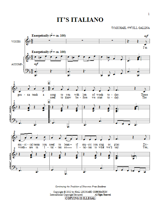 Download Michael & Jill Gallina It's Italiano Sheet Music and learn how to play Unison Voice PDF digital score in minutes