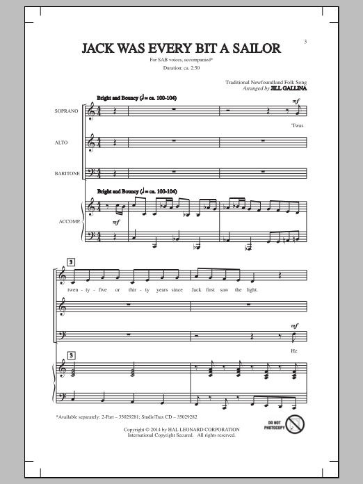 Download Jill Gallina Jack Was Ev'ry Inch A Sailor Sheet Music and learn how to play 2-Part Choir PDF digital score in minutes