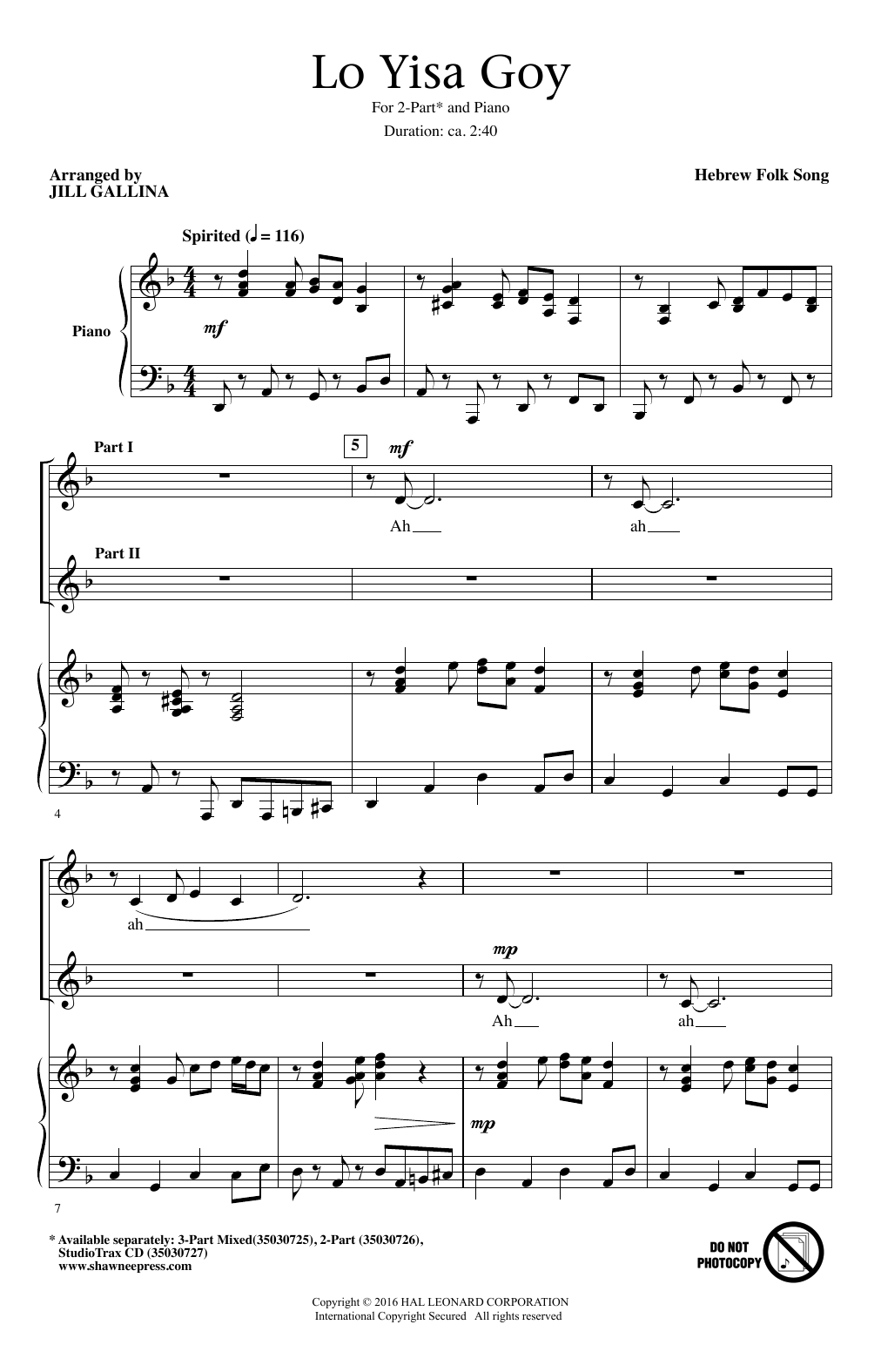 Download Jill Gallina Lo Yisa Goy Sheet Music and learn how to play 2-Part Choir PDF digital score in minutes