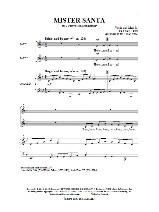 Download Jill Gallina Mister Santa Sheet Music and learn how to play SSA PDF digital score in minutes