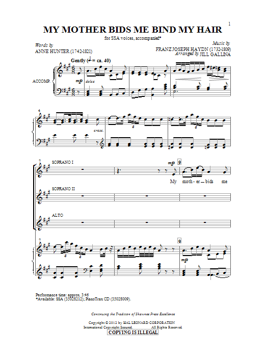 Download Franz Joseph Haydn My Mother Bids Me Bind My Hair (arr. Jill Gallina) Sheet Music and learn how to play SSA PDF digital score in minutes