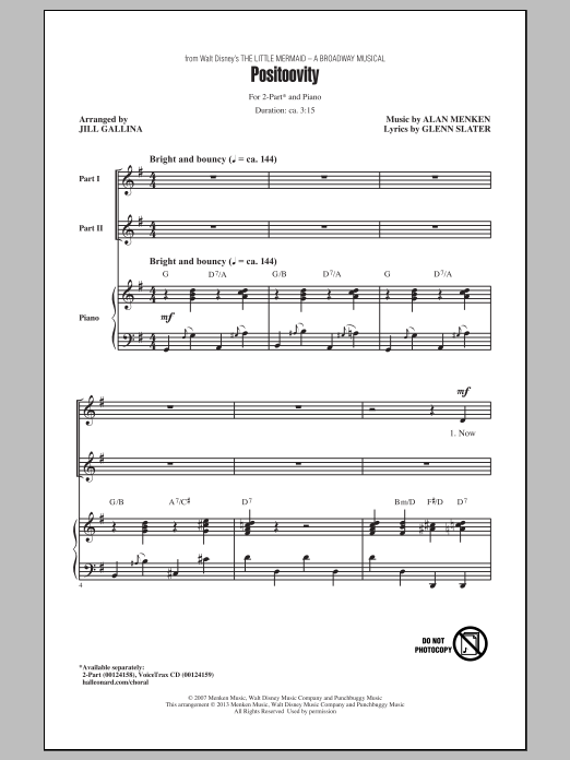 Download Alan Menken Positoovity (arr. Jill Gallina) Sheet Music and learn how to play 2-Part Choir PDF digital score in minutes
