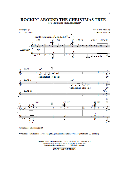 Download Johnny Marks Rockin' Around The Christmas Tree (arr. Jill Gallina) Sheet Music and learn how to play 3-Part Mixed PDF digital score in minutes