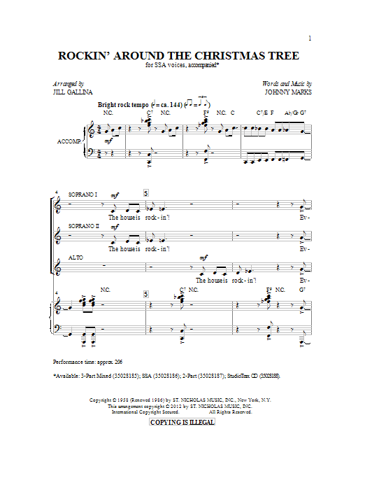 Download Jill Gallina Rockin' Around The Christmas Tree Sheet Music and learn how to play SSA PDF digital score in minutes