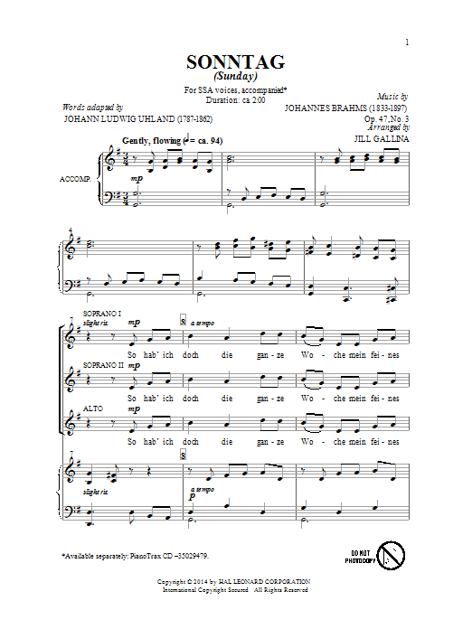 Download Johannes Brahms Sonntag (arr. Jill Gallina) Sheet Music and learn how to play SSA PDF digital score in minutes