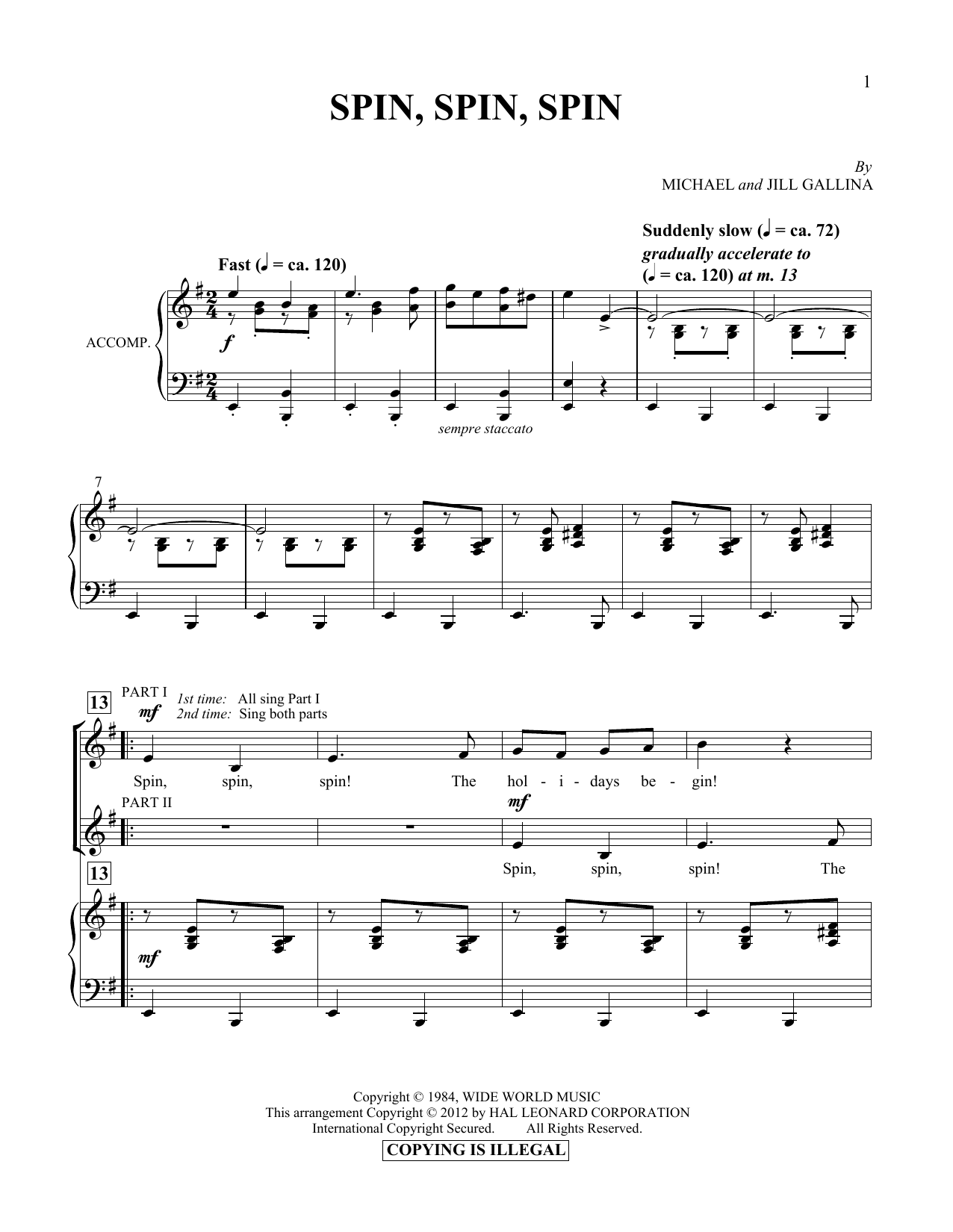 Download Jill Gallina Spin, Spin, Spin Sheet Music and learn how to play Vocal Duet PDF digital score in minutes