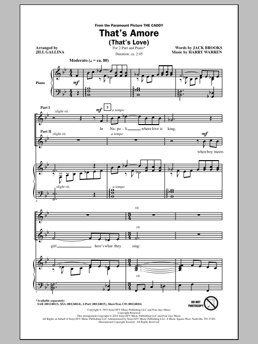 Download Dean Martin That's Amore (That's Love) (arr. Jill Gallina) Sheet Music and learn how to play 2-Part Choir PDF digital score in minutes