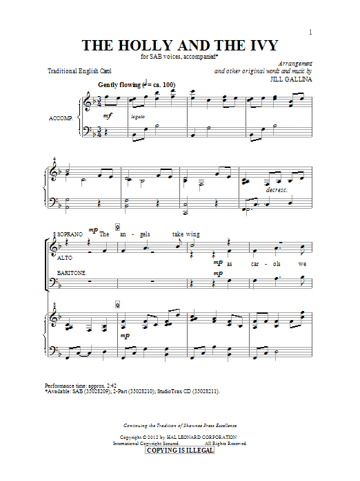 Download Traditional Carol The Holly And The Ivy (arr. Jill Gallina) Sheet Music and learn how to play SAB PDF digital score in minutes