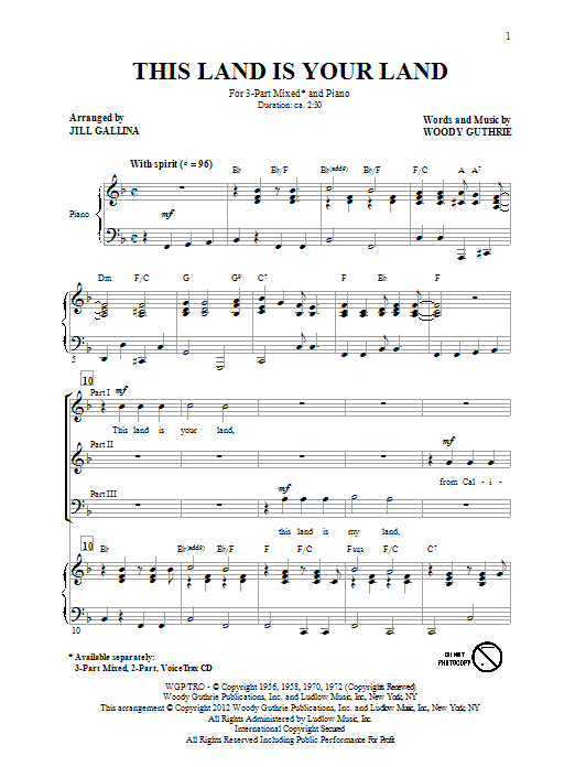 Download Woody Guthrie This Land Is Your Land (arr. Jill Gallina) Sheet Music and learn how to play 3-Part Mixed PDF digital score in minutes
