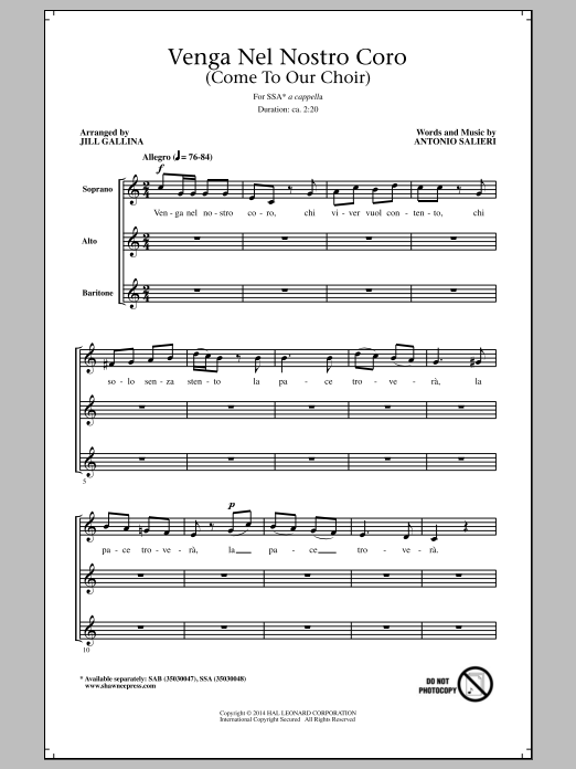 Download Jill Gallina Venga Nel Nostro Coro Sheet Music and learn how to play SAB PDF digital score in minutes
