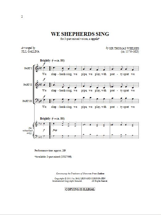 Download Thomas Weelkes We Shepherds Sing (arr. Jill Gallina) Sheet Music and learn how to play 3-Part Mixed PDF digital score in minutes