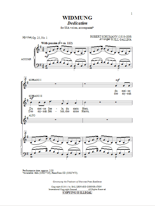 Download Jill Gallina Widmung Sheet Music and learn how to play SSA PDF digital score in minutes