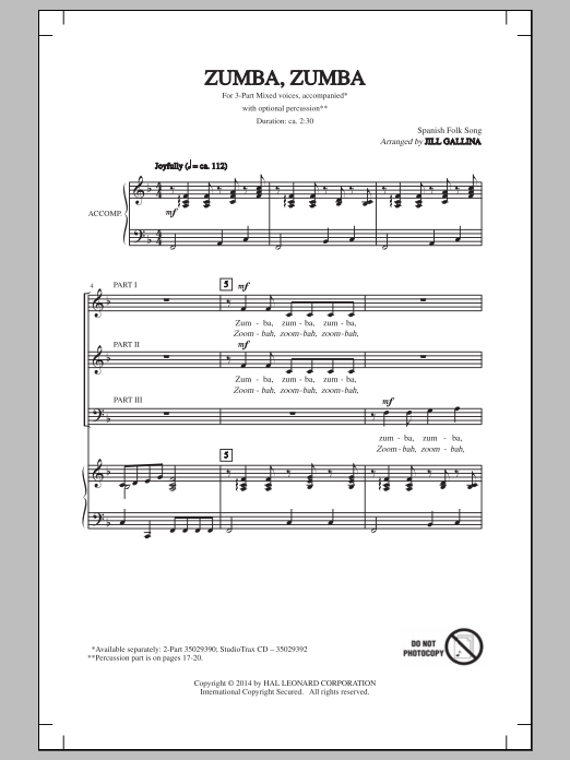 Download Jill Gallina Zumba, Zumba Sheet Music and learn how to play 2-Part Choir PDF digital score in minutes