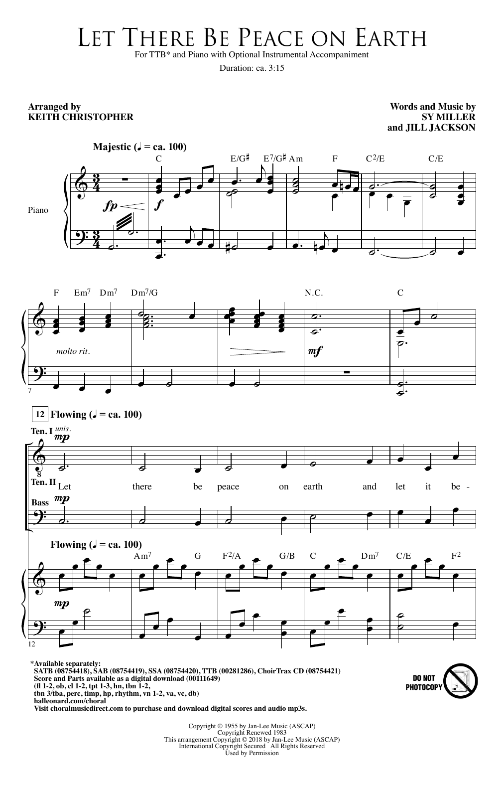 Download Jill Jackson & Sy Miller Let There Be Peace On Earth (arr. Keith Christopher) Sheet Music and learn how to play TTB Choir PDF digital score in minutes