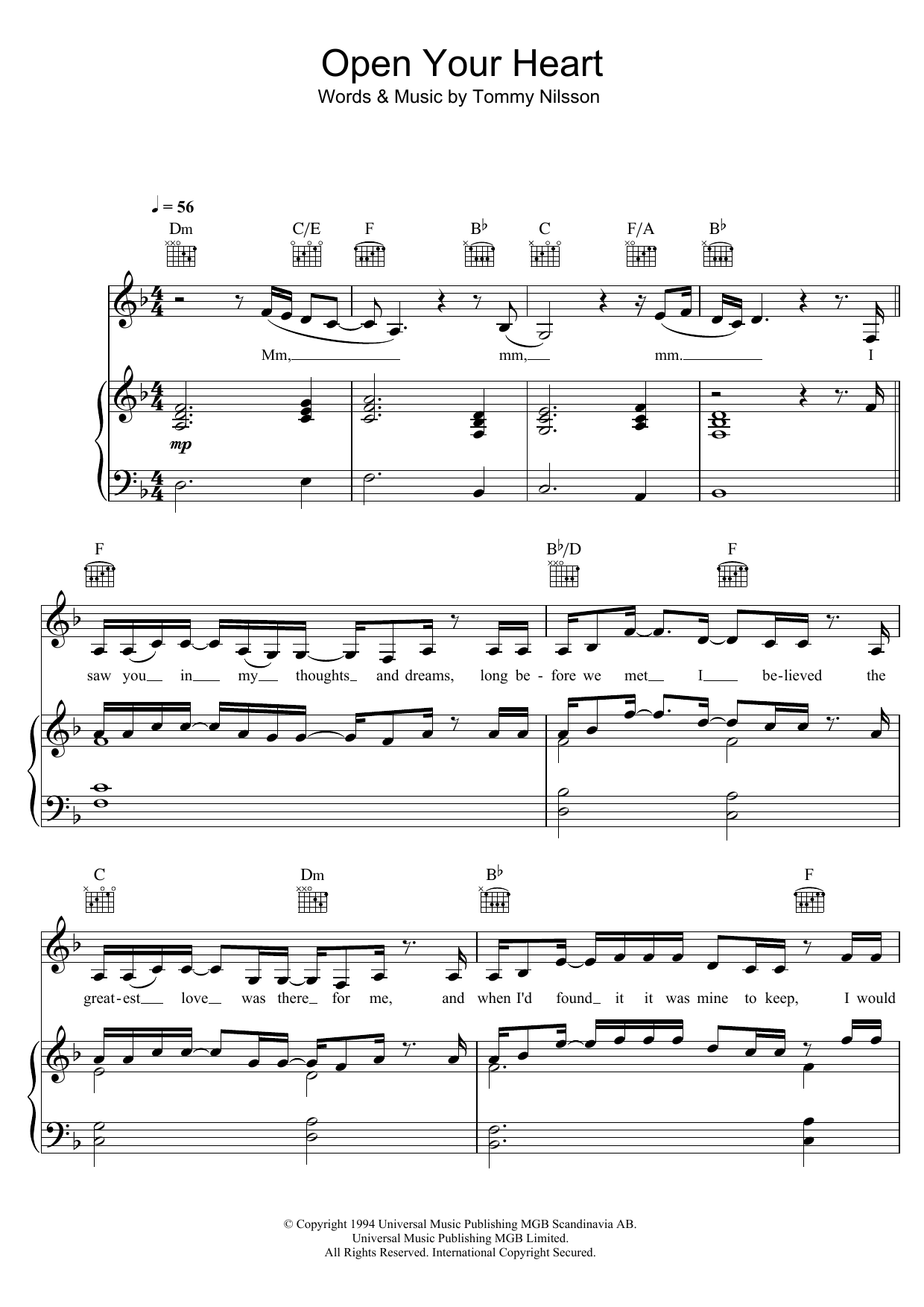 Download Jill Johnson Open Your Heart (Öppna Din Dörr) Sheet Music and learn how to play Piano, Vocal & Guitar (Right-Hand Melody) PDF digital score in minutes