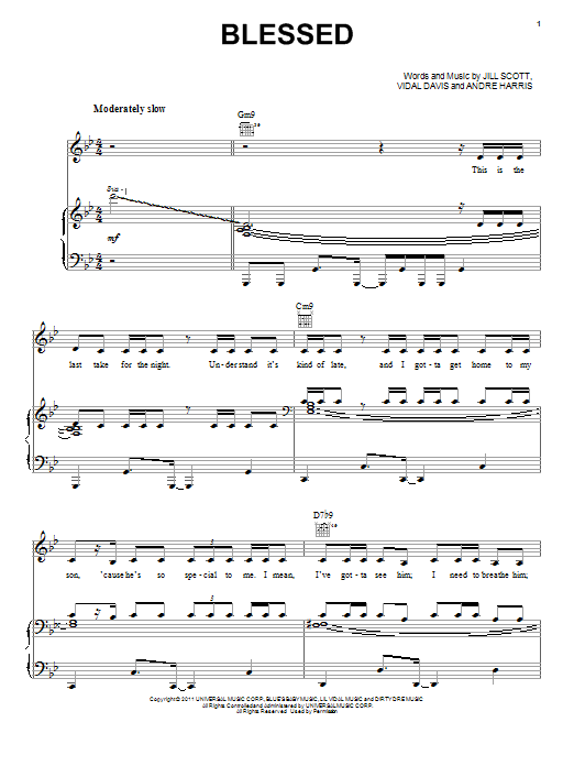 Download Jill Scott Blessed Sheet Music and learn how to play Piano, Vocal & Guitar (Right-Hand Melody) PDF digital score in minutes