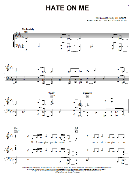 Download Jill Scott Hate On Me Sheet Music and learn how to play Piano, Vocal & Guitar (Right-Hand Melody) PDF digital score in minutes