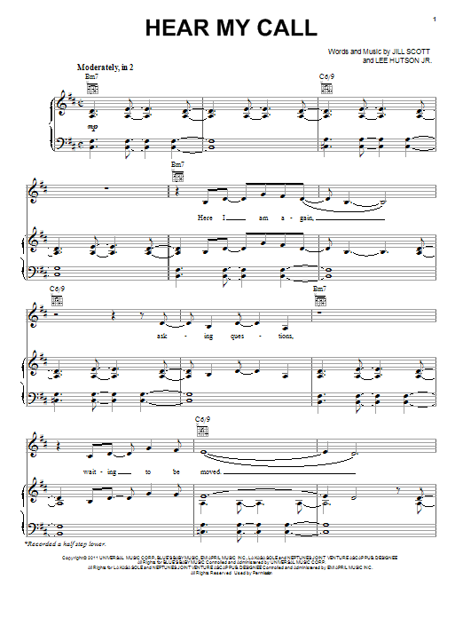 Download Jill Scott Hear My Call Sheet Music and learn how to play Piano, Vocal & Guitar (Right-Hand Melody) PDF digital score in minutes