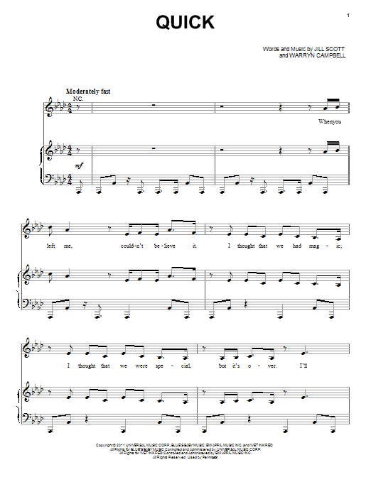 Download Jill Scott Quick Sheet Music and learn how to play Piano, Vocal & Guitar (Right-Hand Melody) PDF digital score in minutes