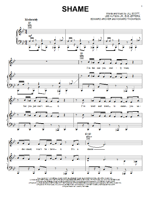 Download Jill Scott Shame Sheet Music and learn how to play Piano, Vocal & Guitar (Right-Hand Melody) PDF digital score in minutes