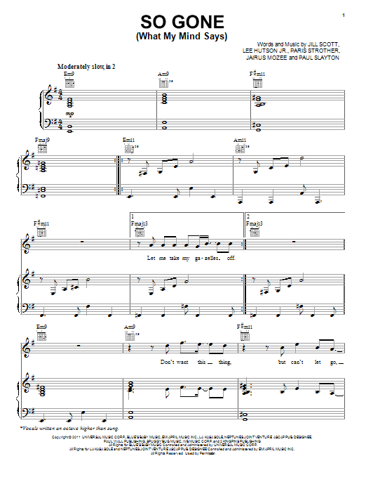 Download Jill Scott So Gone (What My Mind Says) Sheet Music and learn how to play Piano, Vocal & Guitar (Right-Hand Melody) PDF digital score in minutes