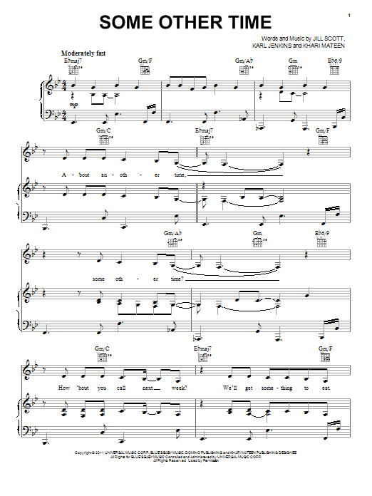 Download Jill Scott Some Other Time Sheet Music and learn how to play Piano, Vocal & Guitar (Right-Hand Melody) PDF digital score in minutes