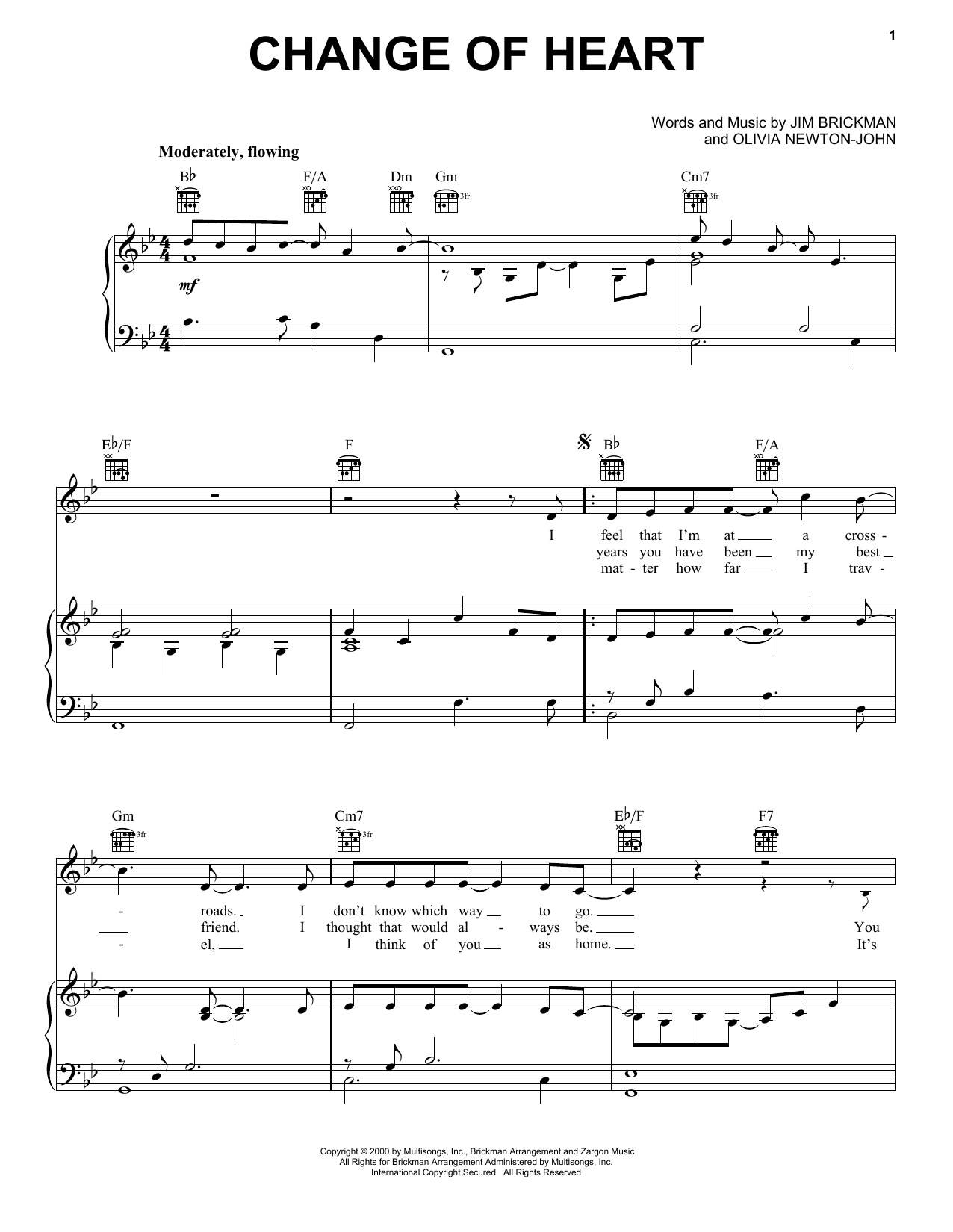 Download Jim Brickman Change Of Heart (feat. Olivia Newton-John) Sheet Music and learn how to play Piano, Vocal & Guitar Chords (Right-Hand Melody) PDF digital score in minutes