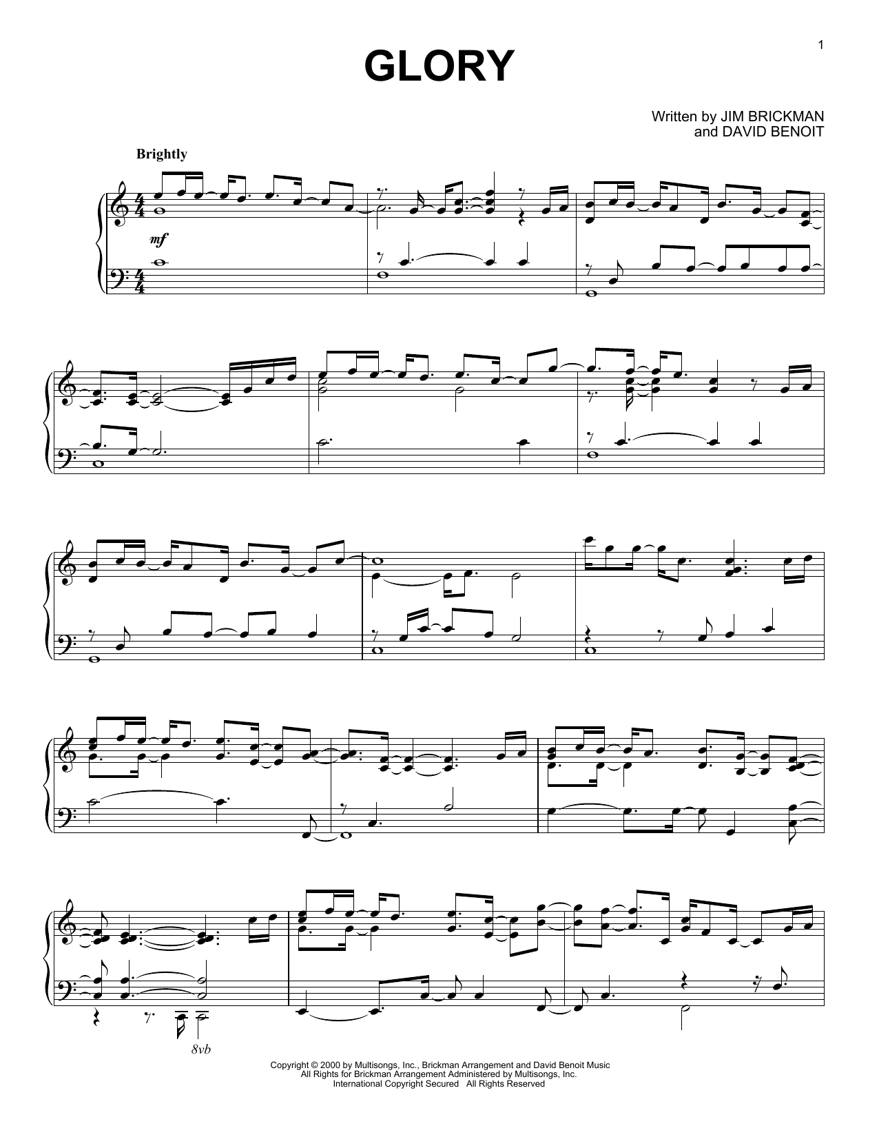 Download Jim Brickman Glory Sheet Music and learn how to play Piano Solo PDF digital score in minutes