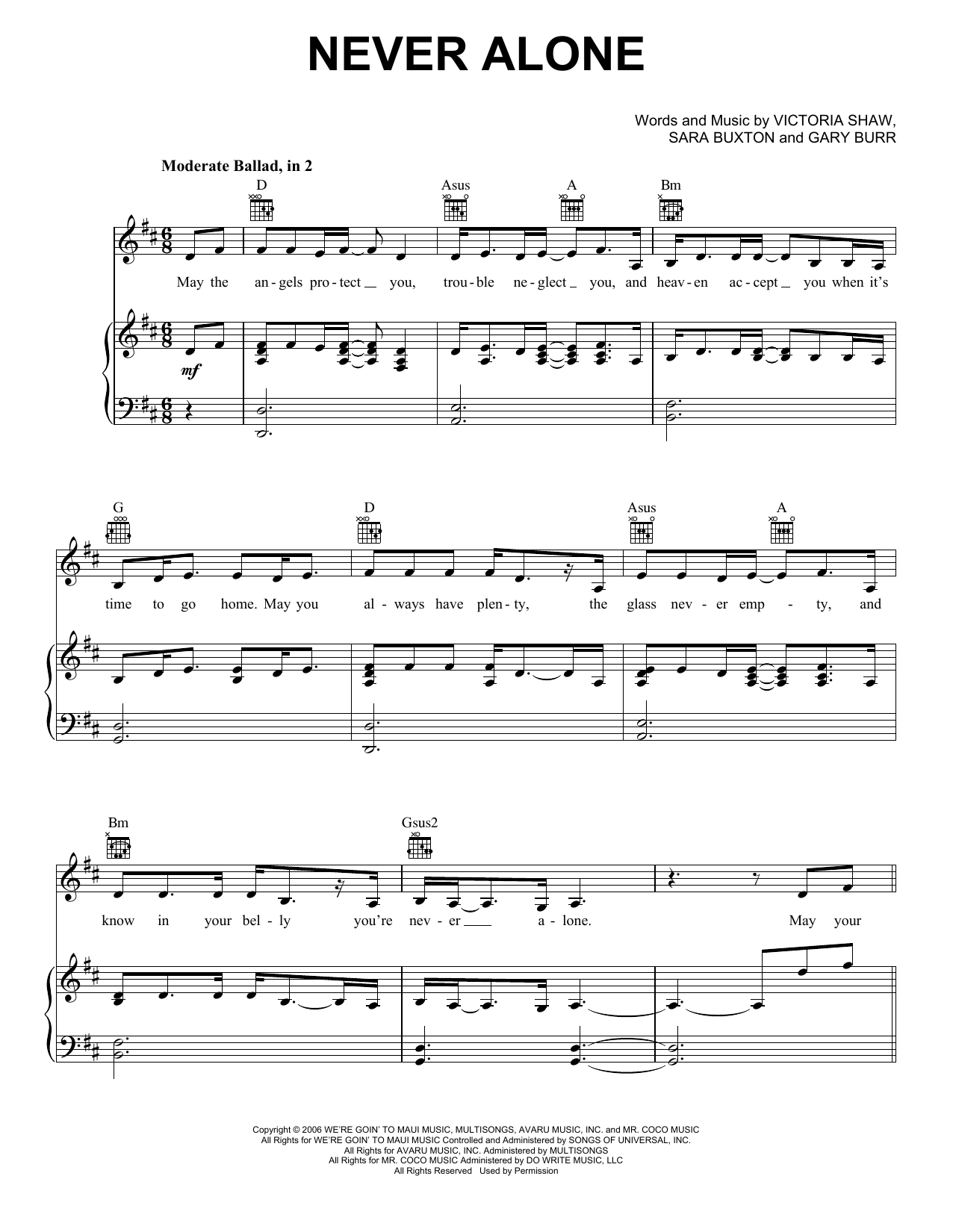 Download Jim Brickman Never Alone (feat. Lady A) Sheet Music and learn how to play Piano, Vocal & Guitar Chords (Right-Hand Melody) PDF digital score in minutes