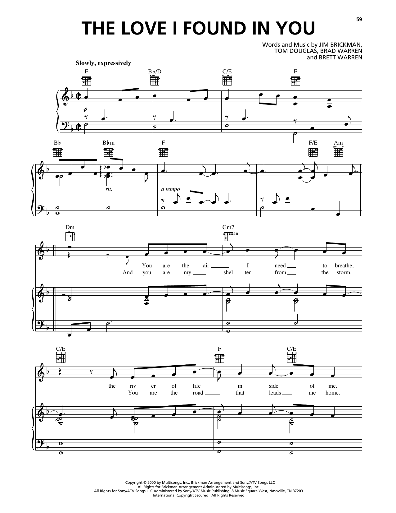 Download Jim Brickman The Love I Found In You Sheet Music and learn how to play Piano, Vocal & Guitar Chords (Right-Hand Melody) PDF digital score in minutes
