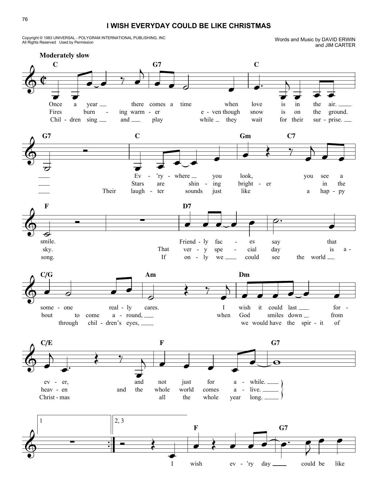 Download Jim Carter I Wish Everyday Could Be Like Christmas Sheet Music and learn how to play Melody Line, Lyrics & Chords PDF digital score in minutes