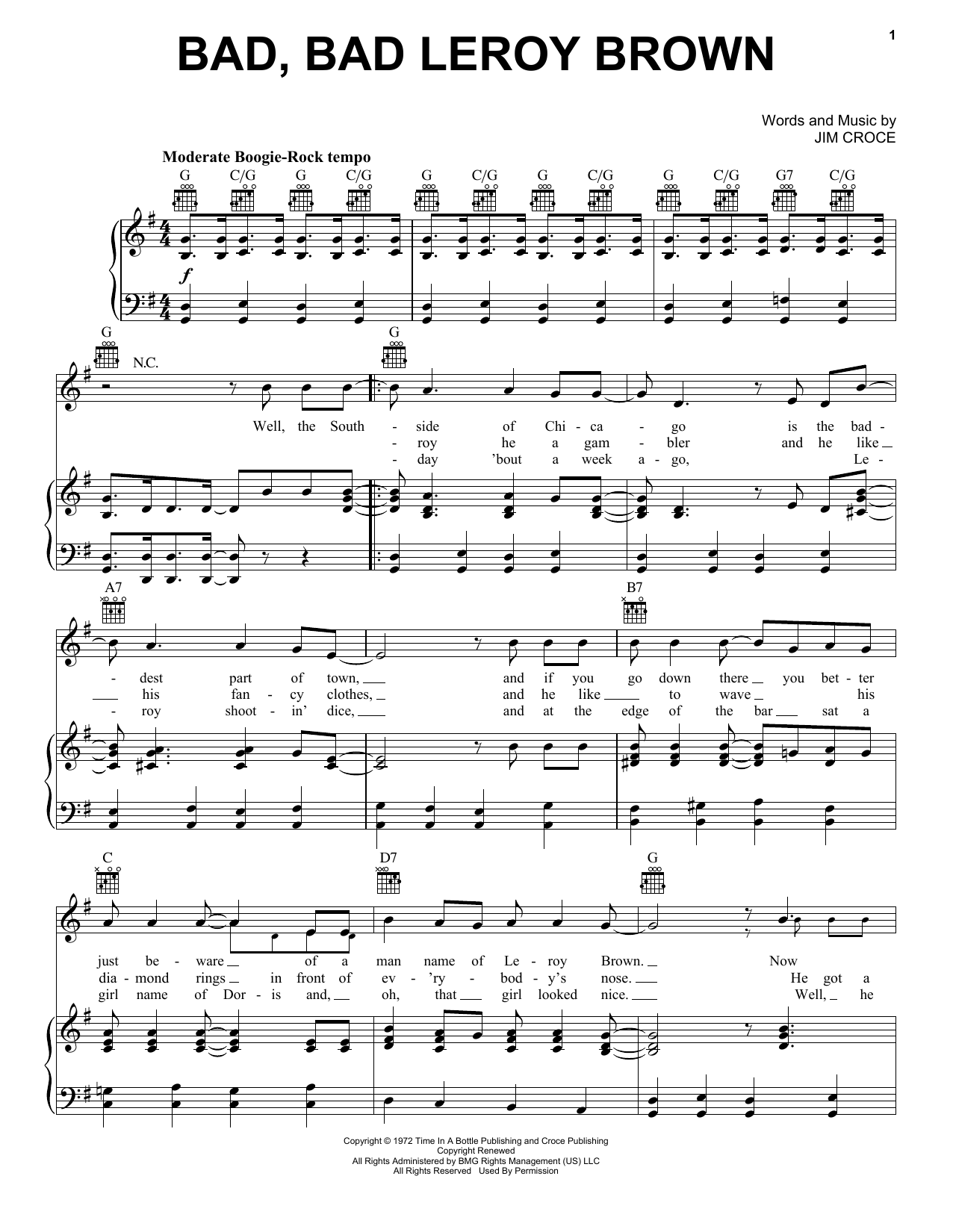 Download Jim Croce Bad, Bad Leroy Brown Sheet Music and learn how to play Cello PDF digital score in minutes